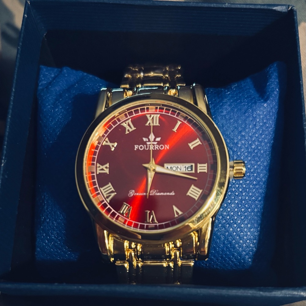 FOURRON Genuine Diamonds  Gold Band and Red Men's Watch (brand new)